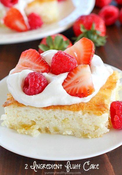 Fluff Cake is a delicious fat-free, low-calorie dessert with only TWO easy ingredients! It's the easiest dessert to make and comes out fluffy and light. Great served with fruit and whipped topping. :)