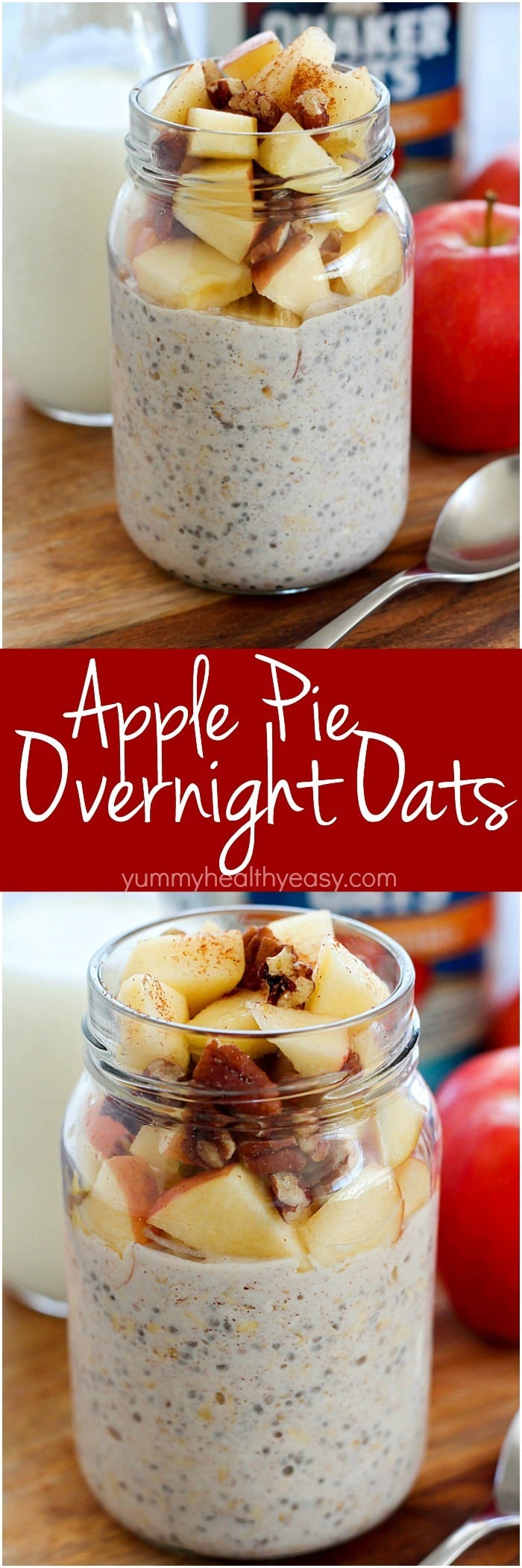 Apple Pie Overnight Oats are the BEST breakfast to wake up to! Easily make it in a mason jar the night before and eat in the morning. No cooking required! You will love the apple pie flavor in this oatmeal!