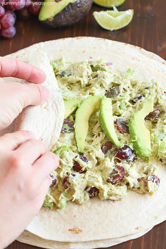 Avocado Chicken Salad Wrap - a perfect blend of avocado, Greek yogurt, chicken, celery, grapes, red onion & spices to make your lunch complete! This is healthy and only takes a few minutes to whip up! AD