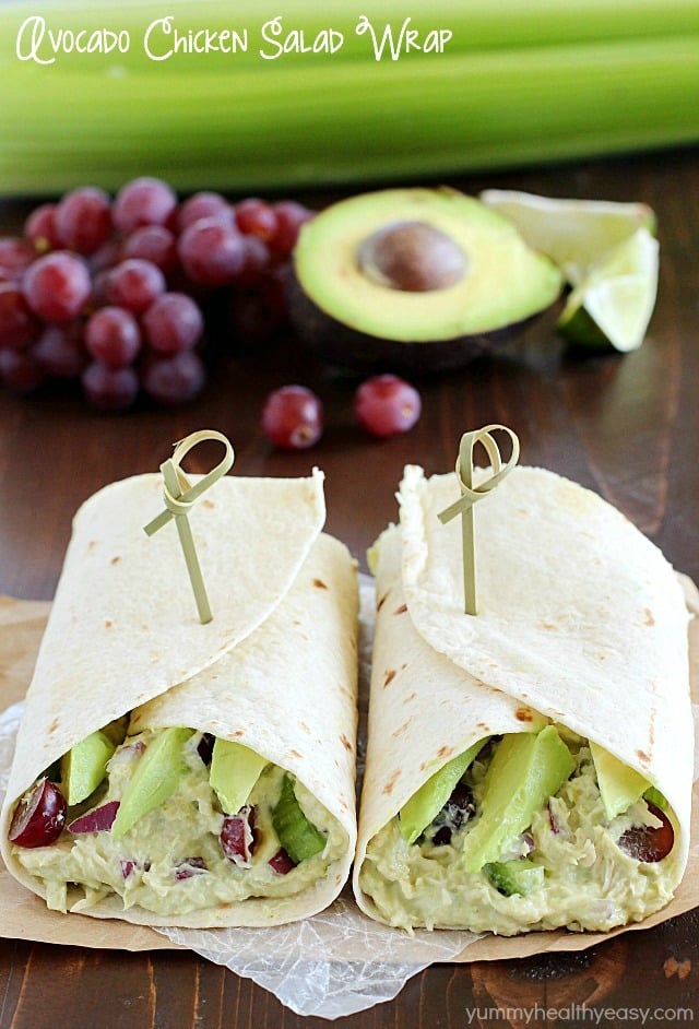 Avocado Chicken Salad Wrap - a perfect blend of avocado, Greek yogurt, chicken, celery, grapes, red onion & spices to make your lunch complete! This is healthy and only takes a few minutes to whip up! AD