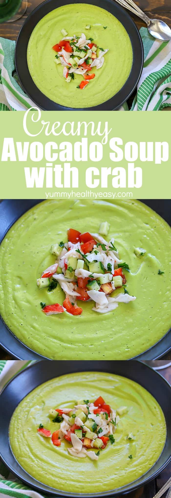 Toss your avocados in the blender and make this Avocado Soup with Crab! This creamy blended concoction is best served with a topping of crab and cucumber mixture to make a delicious meal! Only a few ingredients needed and it's easy to make but tastes like restaurant quality! (The soup is dairy-free and vegetarian without the crab topping.) #ad #avocado #soup #dinner #recipe #healthy #crab #vitamix #easy #dairyfree #vegetarian via @jennikolaus