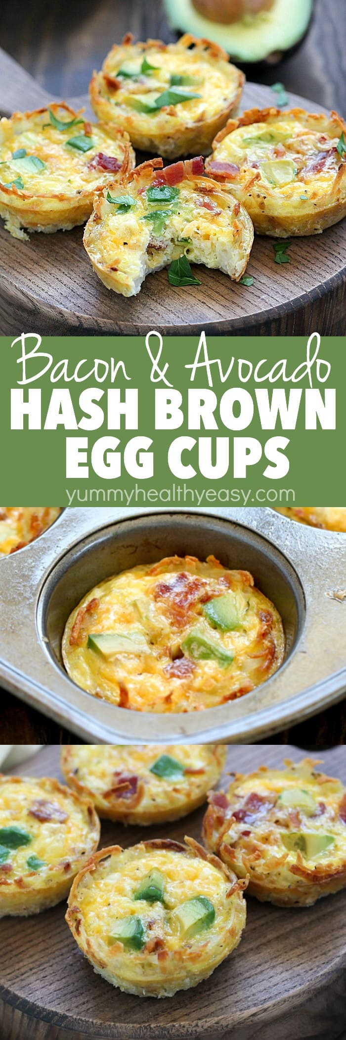 Bacon & Avocado Hash Brown Egg Cups are the perfect make-ahead breakfast! They have a crispy crust of hash browns and are filled with bacon, egg, cheese and avocado deliciousness. They have so much flavor packed into a muffin size breakfast bite! AD via @jennikolaus