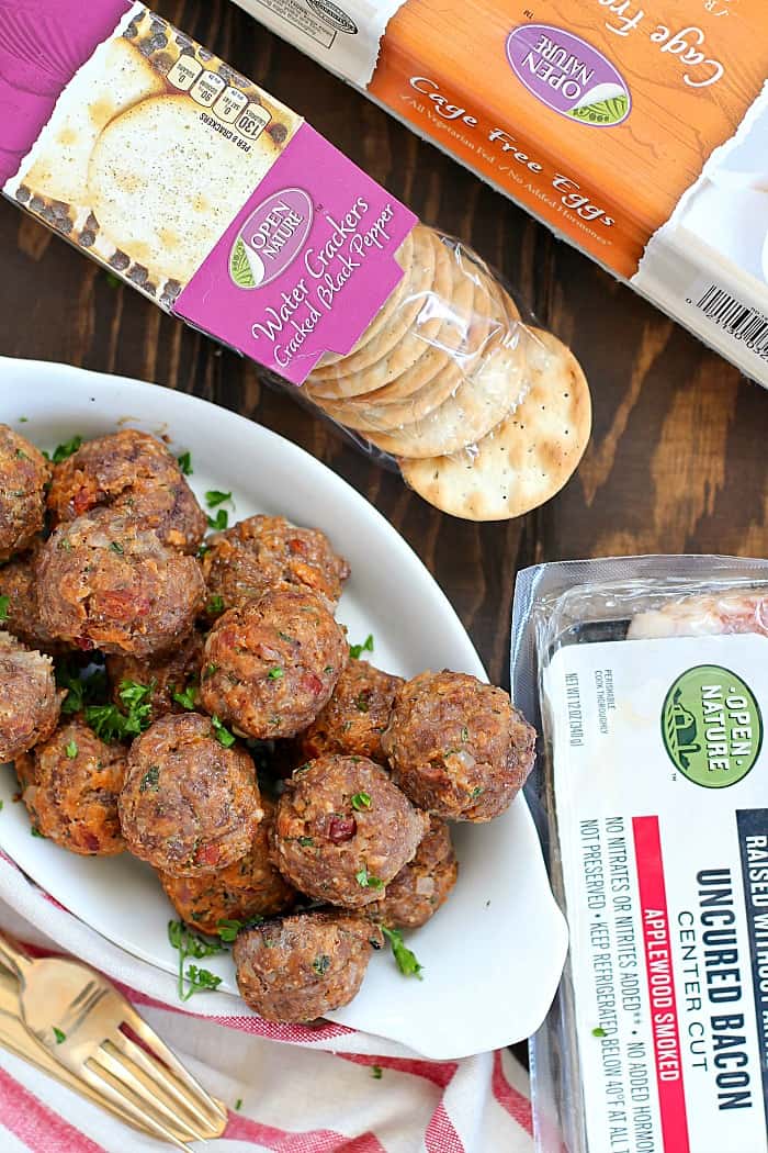 Over the top shot of a delicious pile of Bacon Meatballs!