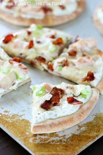 Bacon Ranch Chicken Pita Pizza is topped with ranch dip, chicken, bacon and cheese for a quick and easy lunch, dinner or snack. They have tons of flavor with only a few ingredients and take 30 minutes or less to make! #sponsored #ad