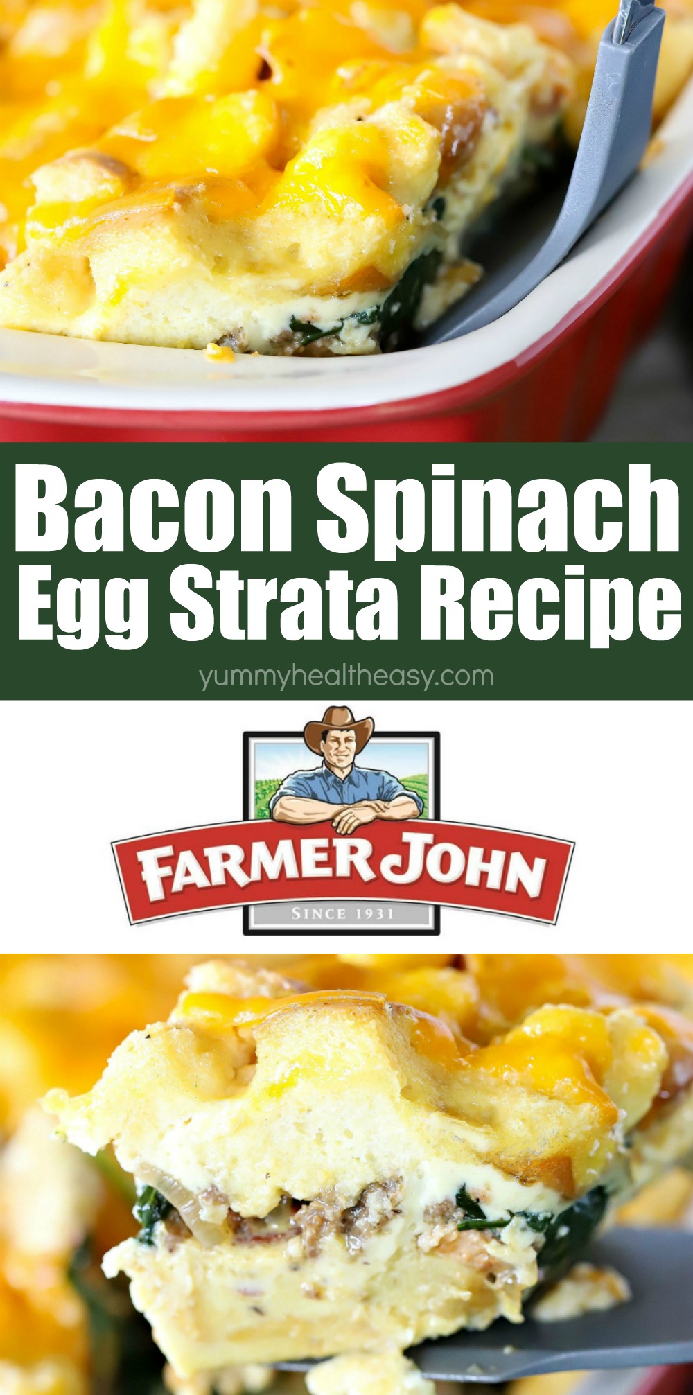 This egg strata recipe has a delicious egg & bread layer on the bottom and a layer of bacon, sausage, spinach & onion filling in the middle with another layer of bread and cheese on the top. This gorgeous casserole will impress your guests - whether it's for brunch, lunch or breakfast for dinner! #ad #sponsored #breakfast #recipe #strata #eggs #bacon #sausage #breakfastrecipe #yummy #delicious via @jennikolaus