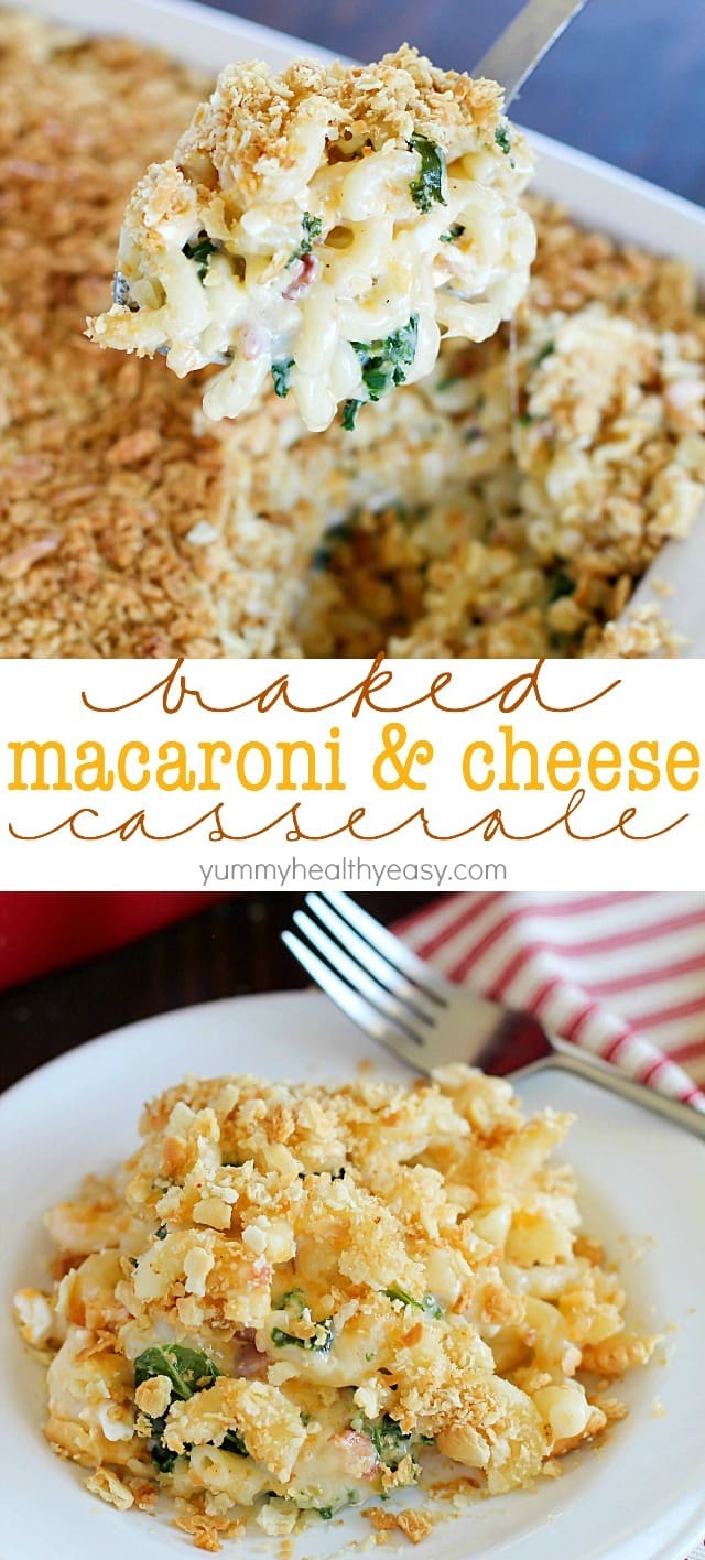 A flavorful Baked Macaroni and Cheese Casserole with bacon & kale and a crushed cracker topping. Comforting and delicious! #ad #ChoppedAtHome