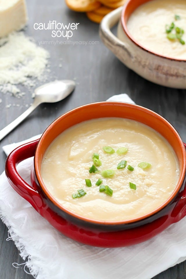 EASY Cauliflower Soup that's super healthy but doesn't taste healthy (hint: YUM!) Vegetarian, gluten-free, paleo and clean eating. So delicious!