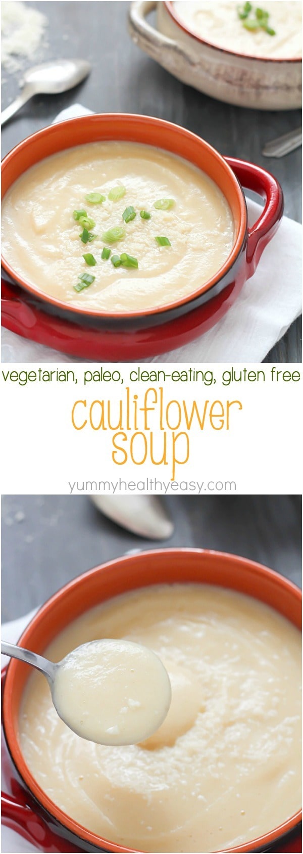 EASY Cauliflower Soup that's super healthy but doesn't taste healthy (hint: YUM!) Vegetarian, gluten-free, paleo and clean eating. So delicious! #yummy #healthy #easy #recipe #cauliflower #soup #dinner #vitamix via @jennikolaus