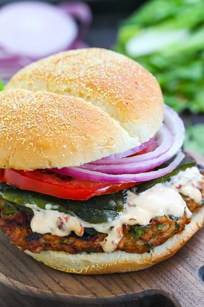 Chicken Fajita Burgers with Chipotle Mayo!