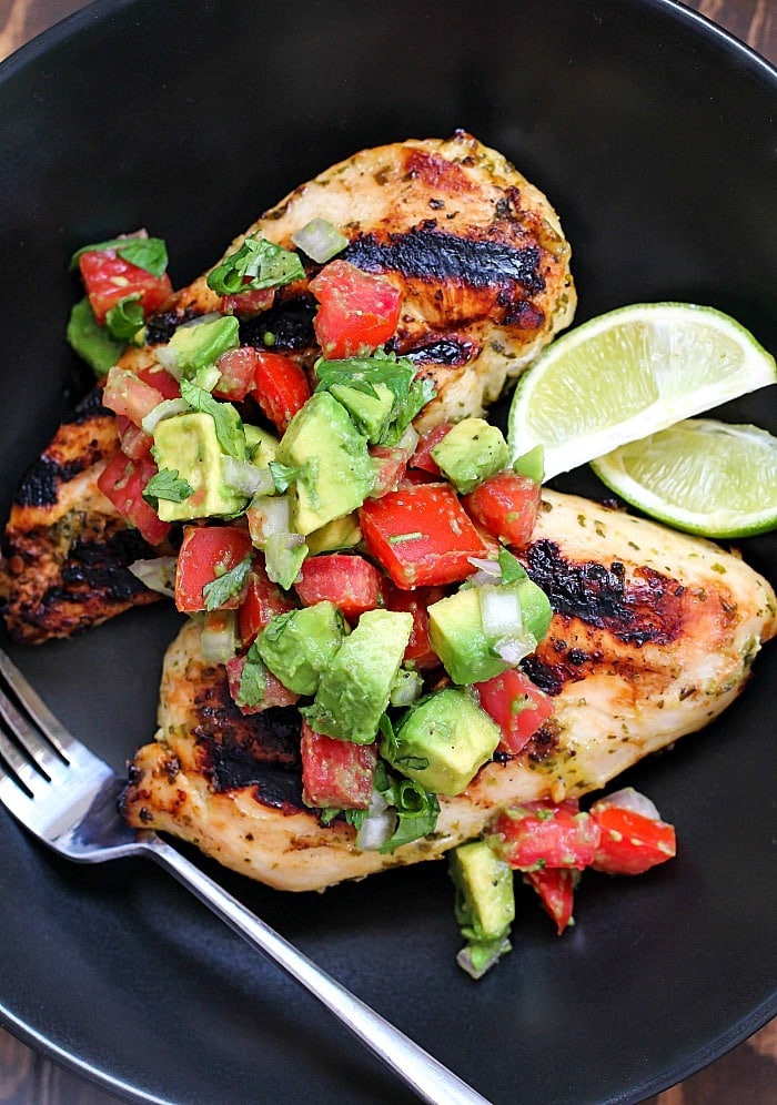 Cilantro Lime Chicken with Avocado Salsa on top