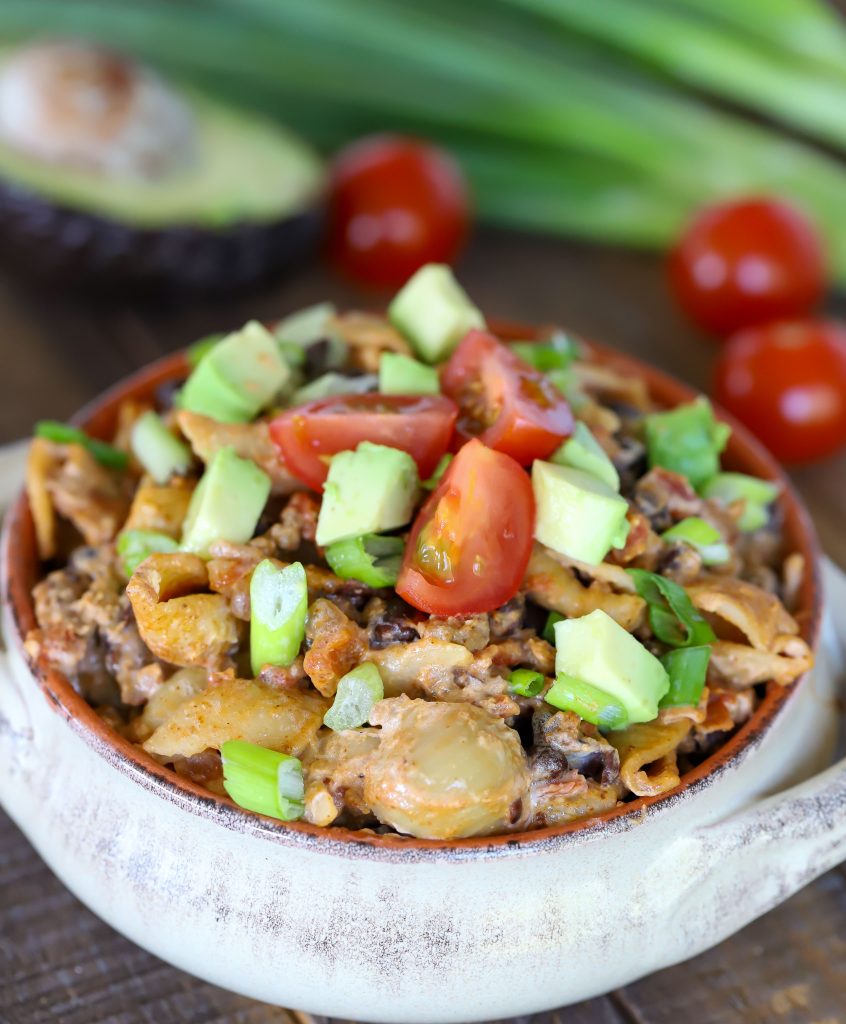 Taco Shell Pasta in a white ceramic bowl.
