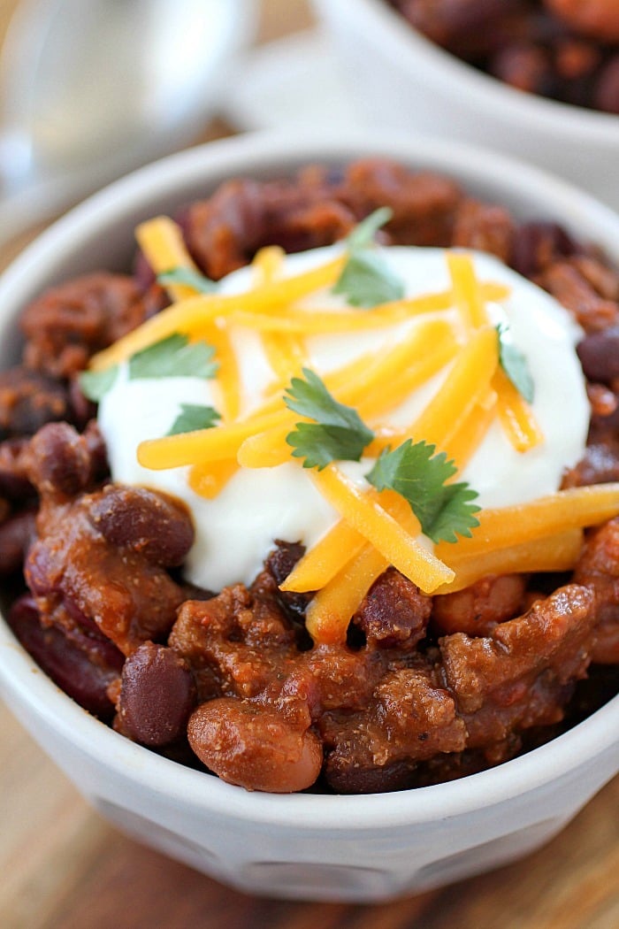 Crock Pot Three Bean Chili that is packed with flavor! You will love this easy chili cooked right in the slow cooker!