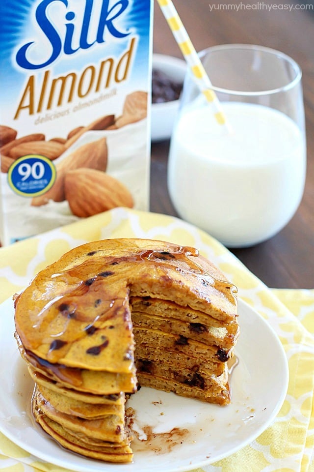 Flavorful pancakes full of pumpkin and chocolate chips that are also whole wheat and dairy-free! My family ate all of these and I had to make a second batch!