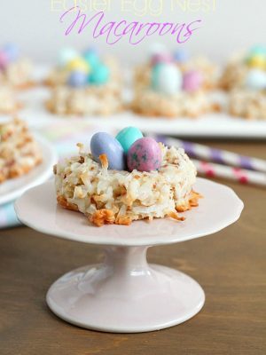 Delicious little nests made out of macaroon cookies and then topped with M&M Easter egg candies. Perfect for spring!