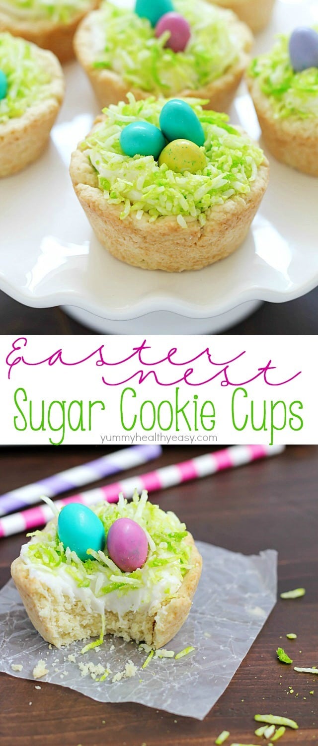 Need a fun treat to make for an Easter get together? Make these darling Easter Nest Sugar Cookie Cups! Sugar cookie dough cooked in a muffin tin, filled with vanilla frosting, topped with green tinted coconut and M&M eggs to look like a little bird's nest. So cute and great for spring! #truvia