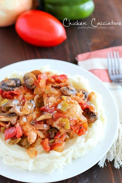 This Chicken Cacciatore Recipe is full of chicken and vegetables in a flavorful tomato sauce. It's an easy, comforting and healthy dinner the whole family will love!