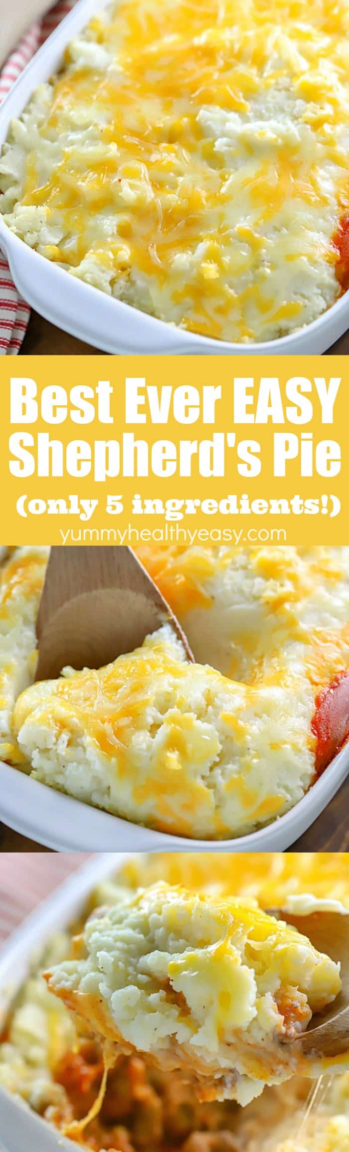 This is seriously the easiest and BEST Easy Shepherd's Pie Recipe EVER! I make this all the time for my boys and it's always a hit! Only FIVE ingredients needed to make this easy comfort food dinner. #dinner #recipe #shepherdspie #casserole #comfortfood #easyrecipe #mashedpotatoes #groundbeef #cheesy via @jennikolaus