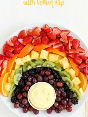 How about making a FUN Fruit Rainbow with Lemon Dip?! It will be the hit of your party! Whether you're celebrating St. Patrick's Day or just any day of the week, this is a snack everyone will enjoy! The Lemon Dip is so creamy and delicious. It goes perfectly with the fruit!