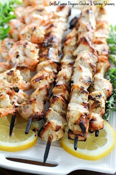 Lemon Oregano Chicken & Shrimp Skewers are marinated and then grilled for a delicious and healthy dinner recipe! Cue the hallelujah chorus! Deliciousness on a stick! This is also great for meal prepping! (high protein, paleo and clean eating)