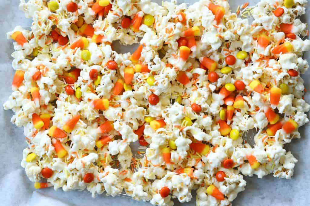 Marshmallow Popcorn Treats with Candy Corns on a platter