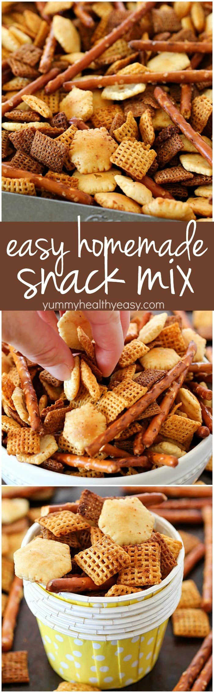 This Homemade Snack Mix Recipe is so easy to make and tastes delicious! Cereal, crackers and pretzels are tossed with a little butter and seasonings, then baked. Perfect to serve at a party or to munch on when you're watching the game. :)