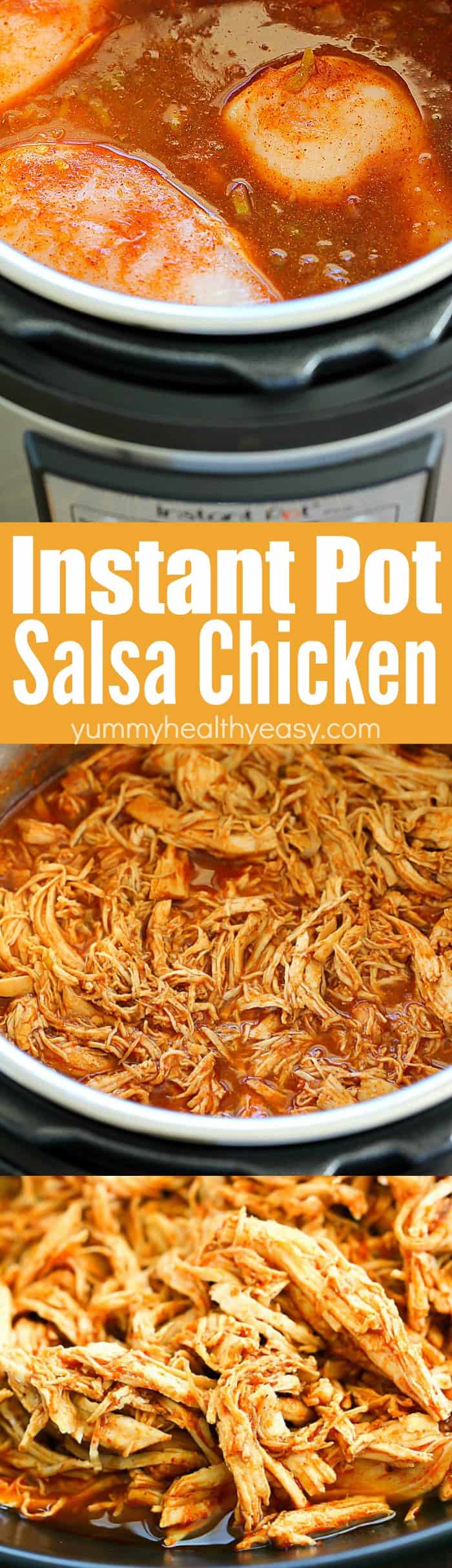 Make dinner EASY with this Instant Pot Salsa Chicken! Just throw a few easy ingredients in the Instant Pot and the result is perfectly tender chicken you can put in taco shells, on salads or just devour all by itself. A delicious and healthy dinner recipe! (Recipe includes both frozen and thawed chicken directions!) #instantpot #easydinnerrecipe #chicken via @jennikolaus
