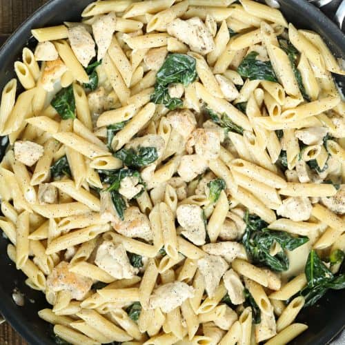 Lemon Chicken Pasta Recipe in a black bowl.