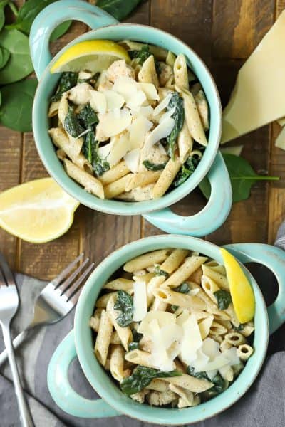 Top view of chicken lemon pasta (smaller portions)