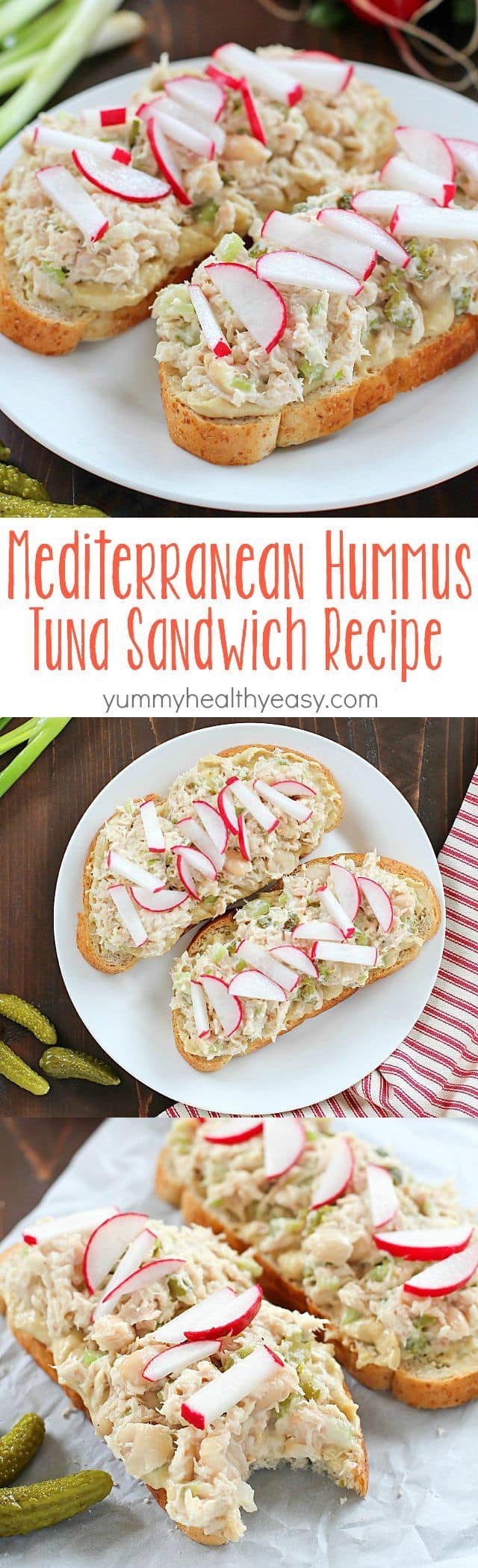 Take that boring tuna sandwich to the next level and make this Mediterranean Hummus Tuna Sandwich Recipe! It's easy, healthy and super flavorful! Definitely a lunchtime winner!