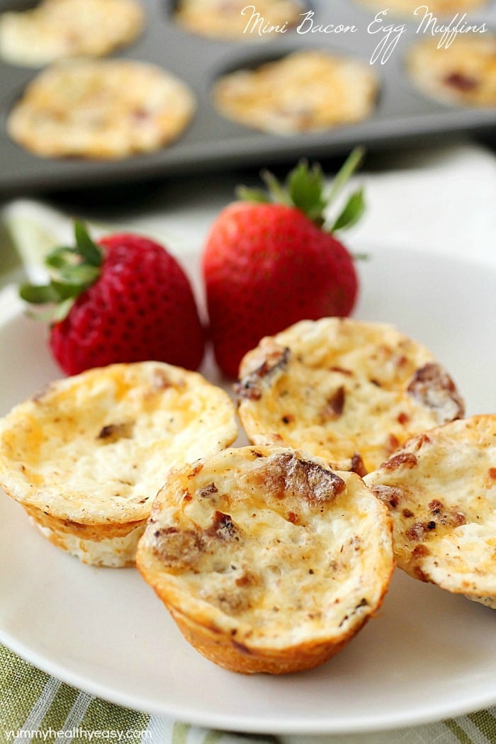 Mini Bacon Egg Muffins are healthy little breakfast bites full of yummy protein. Only 43 calories and 3 grams of protein in every mini egg muffin! They're easy to make and perfect to make ahead and grab on the go! AD