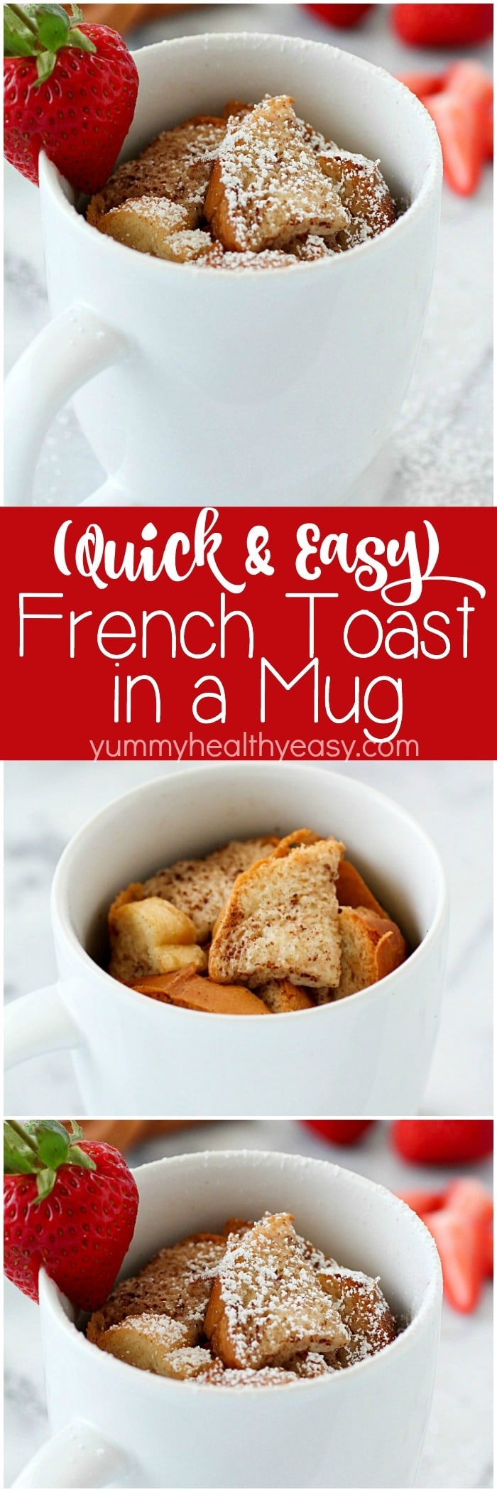 Quick & Easy Mug French Toast has all that you love about french toast but conveniently cooked right in a mug for a single serving! French Toast in a mug is such an easy breakfast for on-the-go plus it uses egg whites to save some calories. Only 170 calories and 12 grams of protein for a yummy and satisfying breakfast! AD