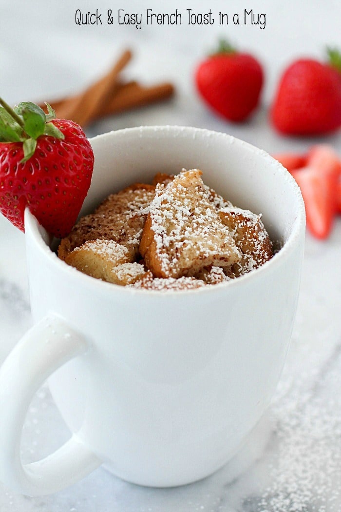 Quick & Easy Mug French Toast has all that you love about french toast but conveniently cooked right in a mug for a single serving! French Toast in a mug is such an easy breakfast for on-the-go plus it uses egg whites to save some calories. Only 170 calories and 12 grams of protein for a yummy and satisfying breakfast! AD