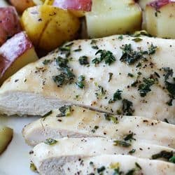 One-Pan Herb Baked Chicken and Potatoes makes making dinner a breeze! Chicken and potatoes are coated in a delicious salty herb rub and baked in one pan. The baked chicken is tender and juicy and the potatoes have so much flavor. This is an easy dinner everyone will love! AD
