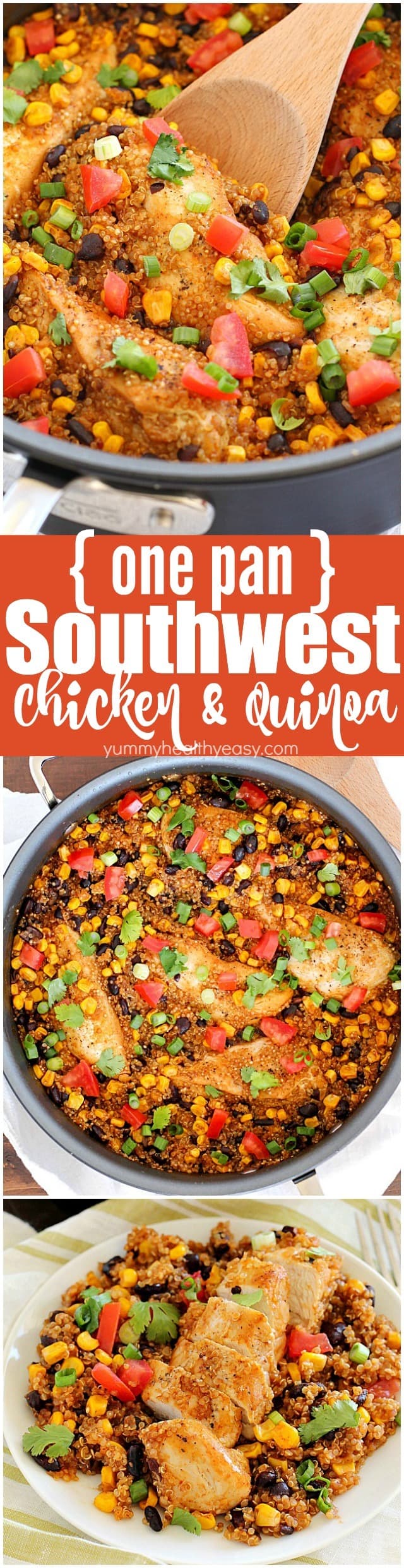 Southwest Chicken & Quinoa dinner cooked in only one pan and made in 30 minutes! You're definitely going to want to add this to your dinner rotation! It's gluten-free, high in protein and totally delicious!