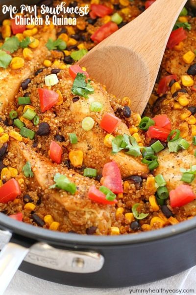 Southwest Chicken & Quinoa dinner cooked in only one pan and made in 30 minutes! You're definitely going to want to add this to your dinner rotation! It's gluten-free, high in protein and totally delicious! AD