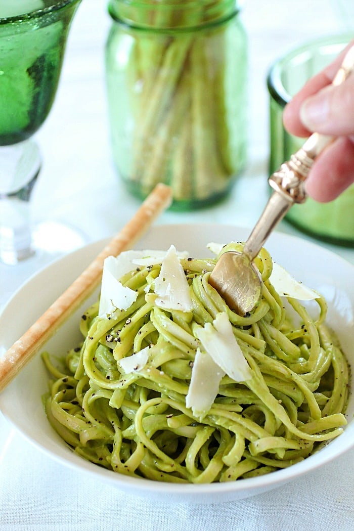 Pasta tossed in a Light Avocado Cream Sauce = the best pasta dinner you will ever eat! No joke, this pasta is so delicious. You won't believe the flavor in this healthier cream sauce. With only a few ingredients, it's incredibly easy to prepare and healthier than a traditional cream sauce! This is a great weeknight meal but fancy enough to serve for a nice dinner! AD