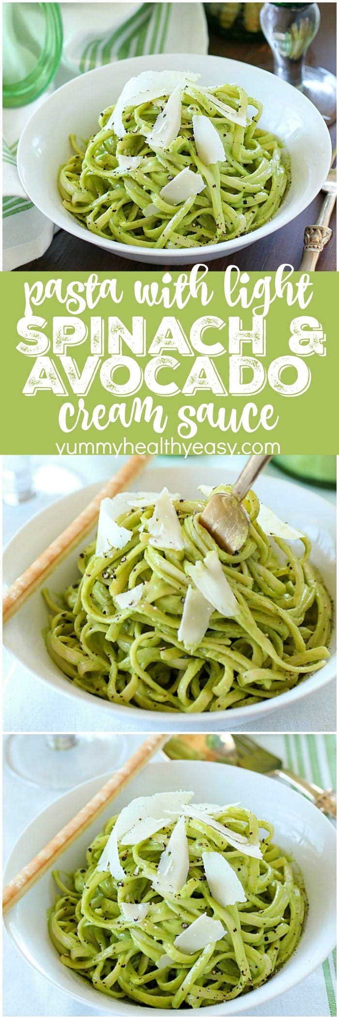 Pasta tossed in a Light Avocado Cream Sauce = the best pasta dinner you will ever eat! No joke, this pasta is so delicious. You won't believe the flavor in this healthier cream sauce. With only a few ingredients, it's incredibly easy to prepare and healthier than a traditional cream sauce! This is a great weeknight meal but fancy enough to serve for a nice dinner! #AD #avocado #dinner #recipe #pasta #linguine #vegetarian #healthy via @jennikolaus