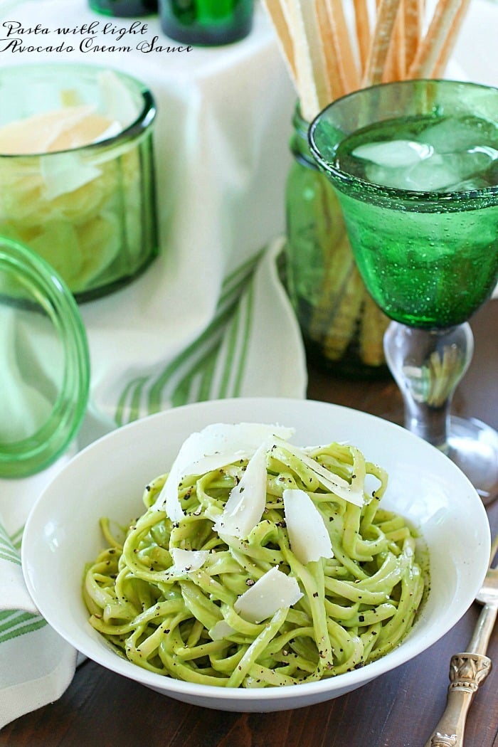 Pasta tossed in a Light Avocado Cream Sauce = the best pasta dinner you will ever eat! No joke, this pasta is so delicious. You won't believe the flavor in this healthier cream sauce. With only a few ingredients, it's incredibly easy to prepare and healthier than a traditional cream sauce! This is a great weeknight meal but fancy enough to serve for a nice dinner! AD