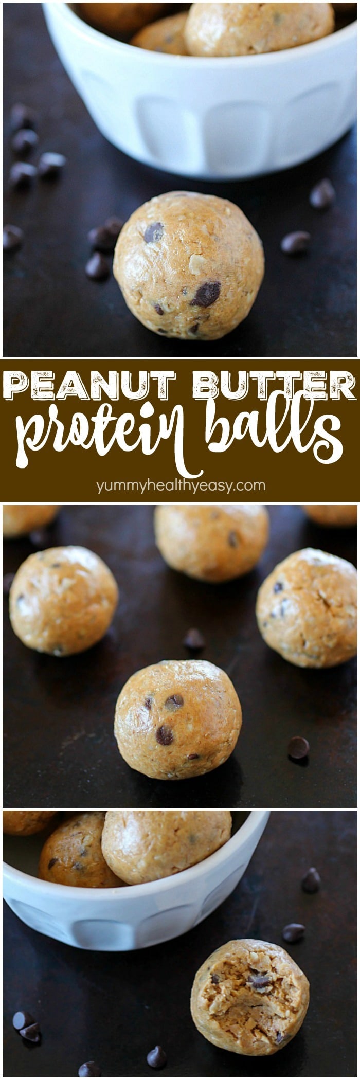 Protein balls filled with peanut butter, protein powder and oats make the most delicious on-the-go snack! Whenever you need a little protein boost to get you to the next meal, these little bites have you covered! Only 5 simple ingredients, too!