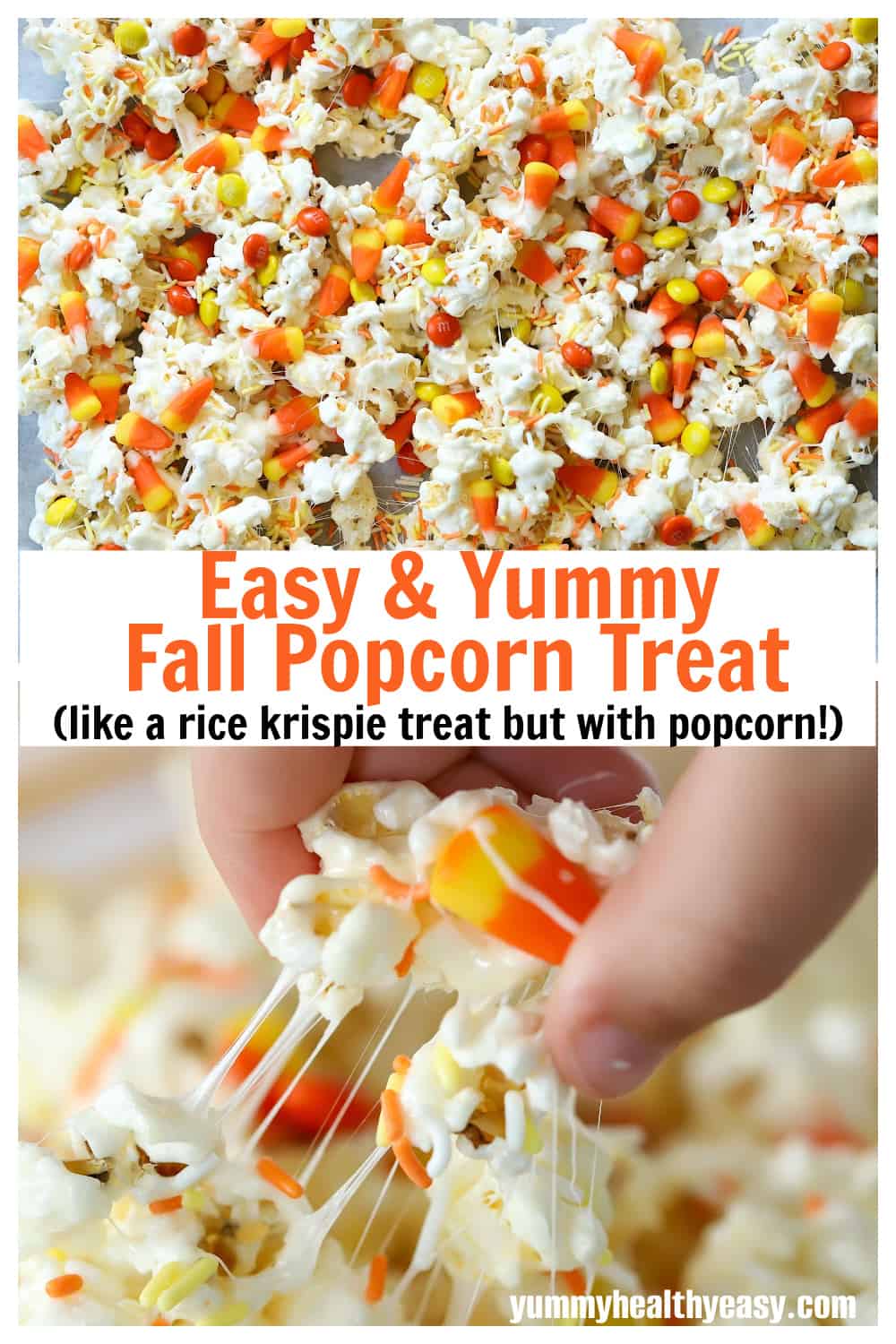 This Easy Marshmallow Fall Candy Corn Popcorn Treat combines Candy Corn, M&M's and Popcorn in one fun dessert that's easy to make and will be the hit at any fall party! #dessert #candycorn #fall #halloween #easydessert #popcorntreat #falltreat via @jennikolaus