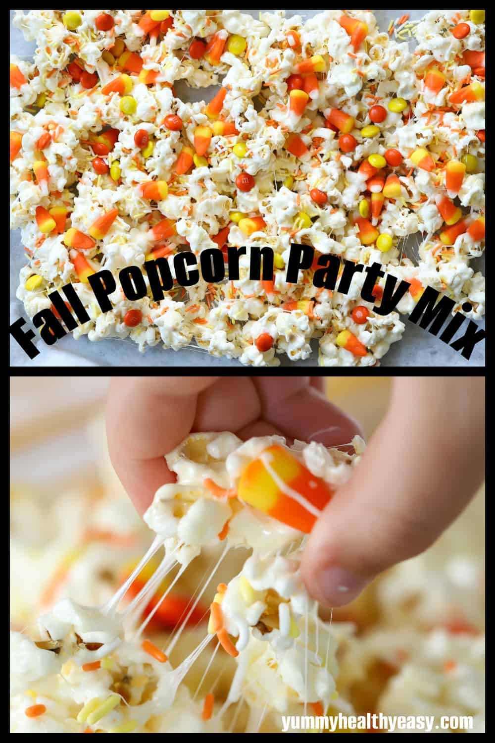 This Easy Marshmallow Fall Candy Corn Popcorn Treat combines Candy Corn, M&M's and Popcorn in one fun dessert that's easy to make and will be the hit at any fall party! #dessert #candycorn #fall #halloween #easydessert #popcorntreat #falltreat via @jennikolaus