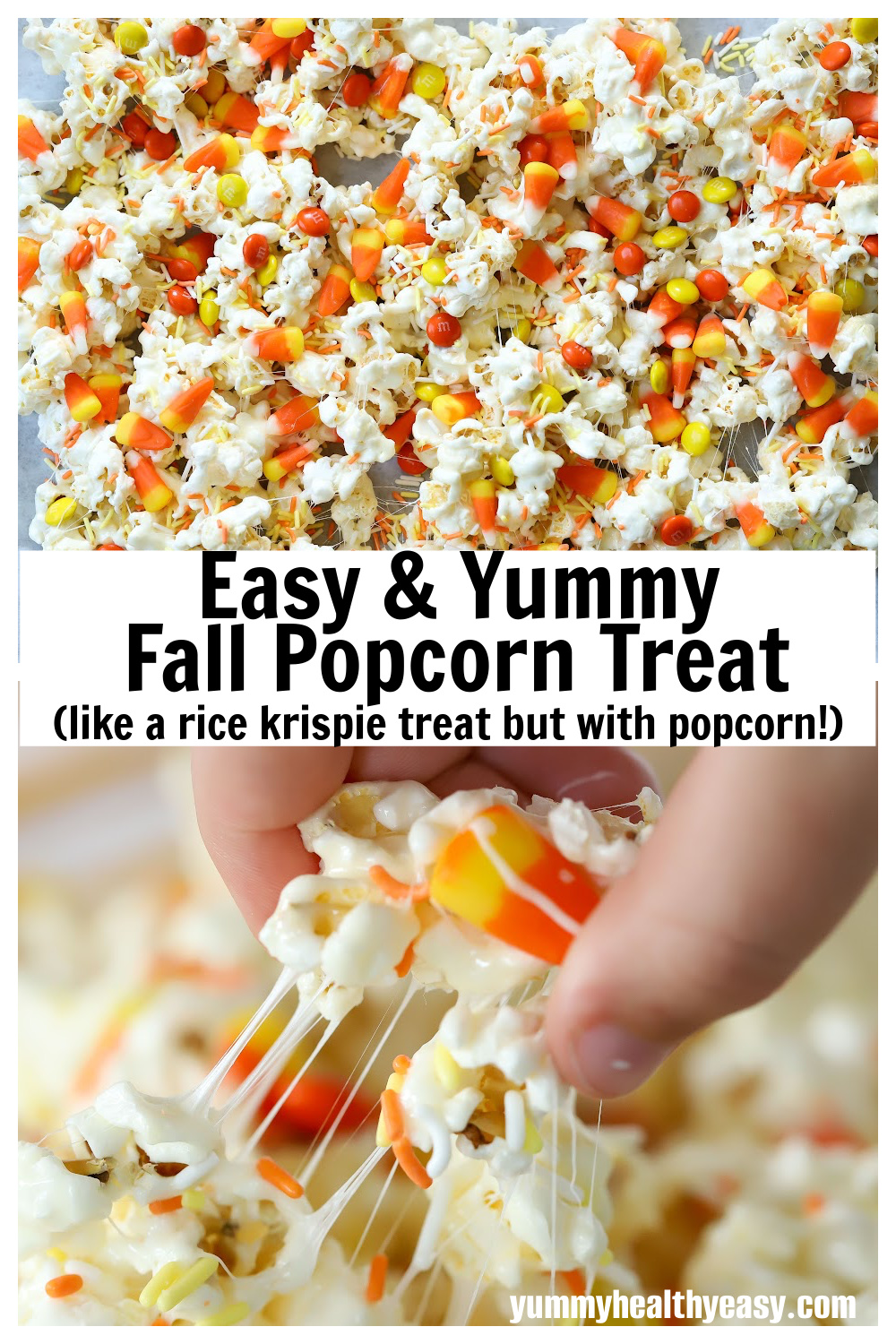 This Easy Marshmallow Fall Candy Corn Popcorn Treat combines Candy Corn, M&M's and Popcorn in one fun dessert that's easy to make and will be the hit at any fall party! #dessert #candycorn #fall #halloween #easydessert #popcorntreat #falltreat via @jennikolaus