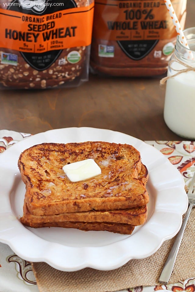 Crazy amazing Pumpkin French Toast made healthier by using egg whites and 100% whole wheat bread. #ad #daveskillerbread