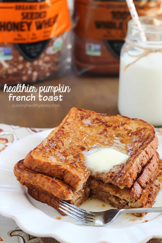 Crazy amazing Pumpkin French Toast made healthier by using egg whites and 100% whole wheat bread. #ad #daveskillerbread