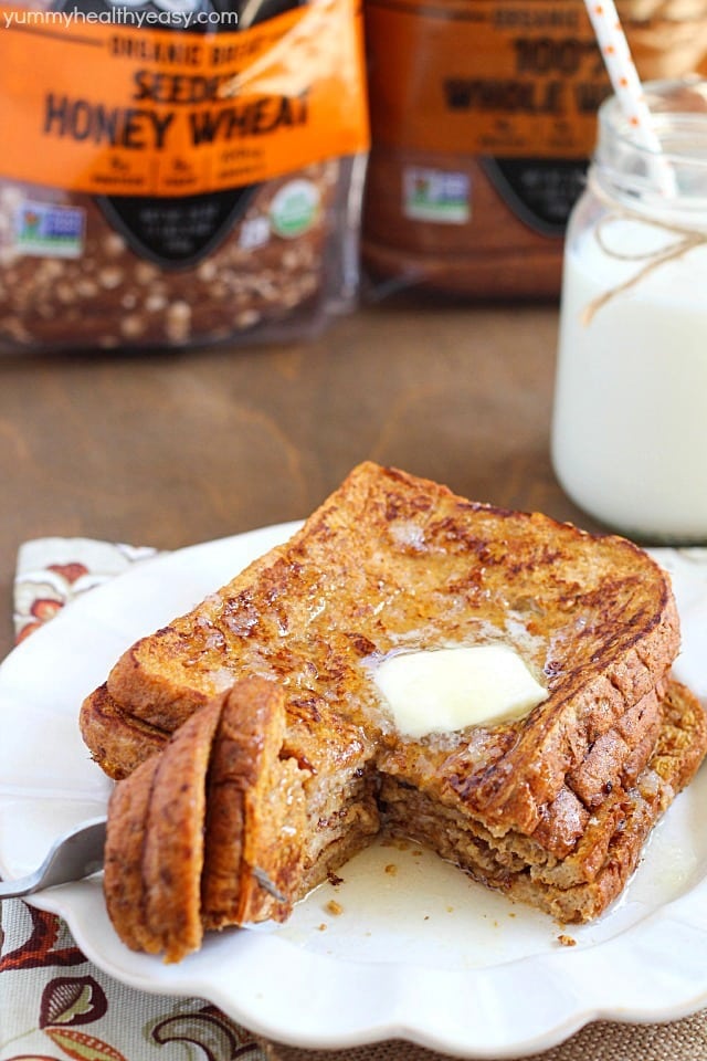 Crazy amazing Pumpkin French Toast made healthier by using egg whites and 100% whole wheat bread. #ad #daveskillerbread