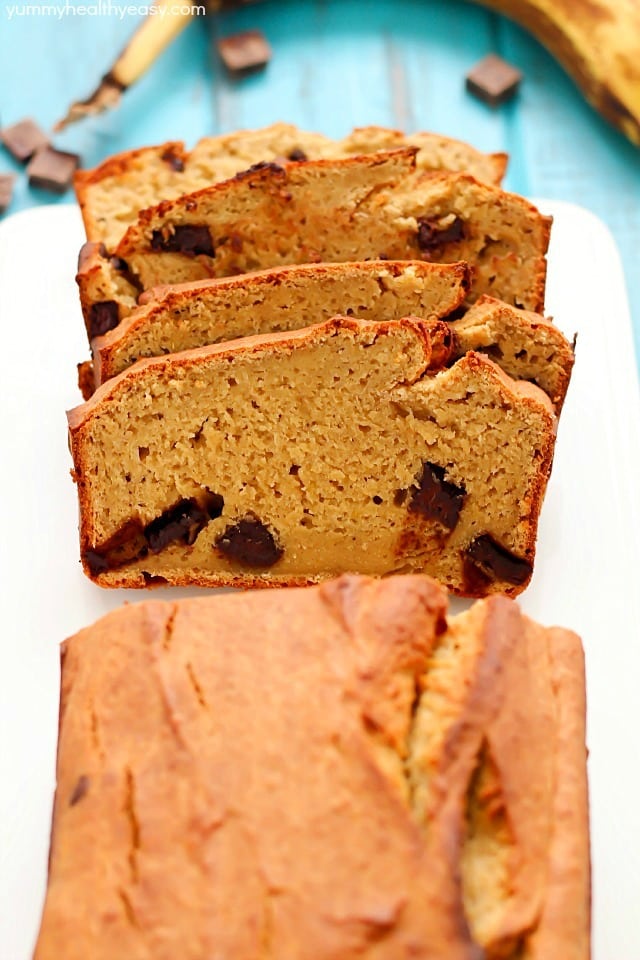 Healthy Banana Bread recipe made with a secret ingredient ;) and all in the food processor! It's moist, decadent and perfect for using up those ripe bananas laying on your counter.