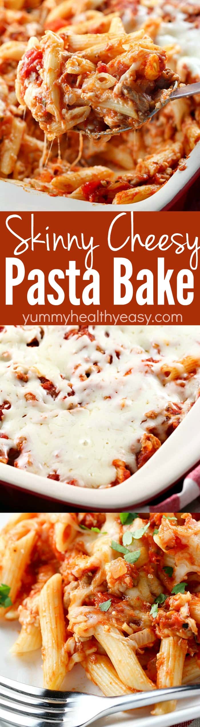 Skinny Cheesy Pasta Bake is a delicious layered casserole made lighter by using ground turkey, whole wheat pasta & lighter cheeses. Comfort food but healthier! via @jennikolaus