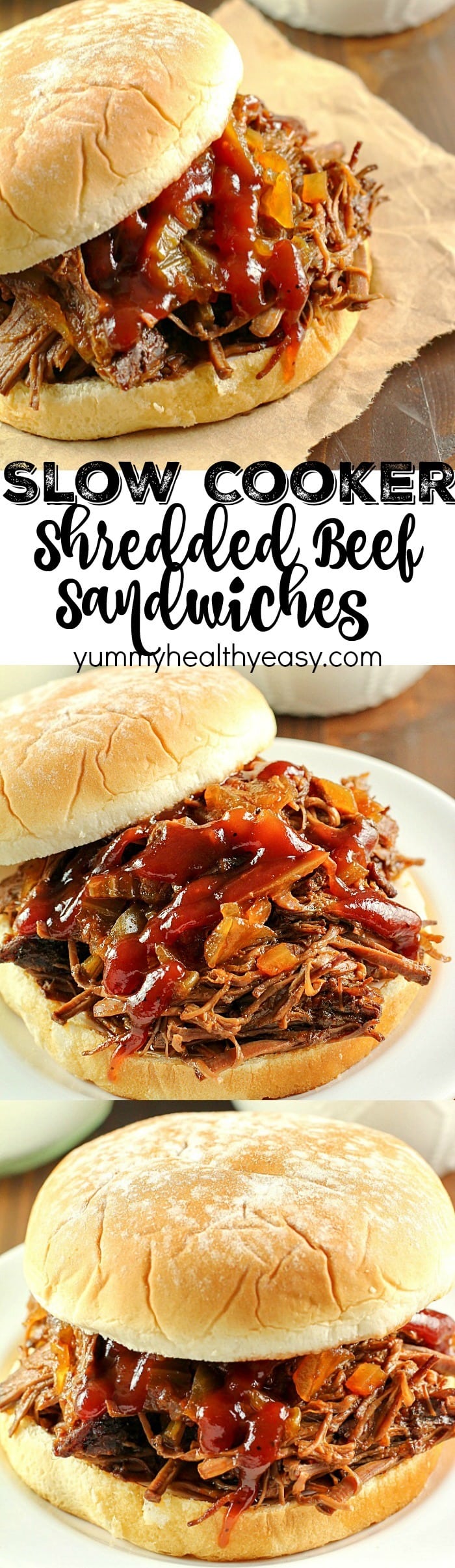 Slow Cooker Shredded Beef Sandwiches are one of my family's favorite make-ahead dinners! Cooked right in the crock pot with an easy & flavorful sauce, makes this beef roast tender and perfect for filling sandwiches/buns! Great to serve for dinner or for a party!