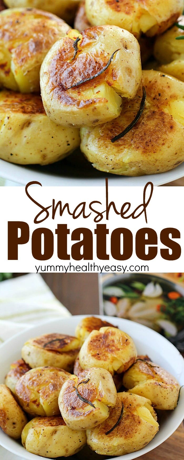 Smashed Potatoes (also known as Potatoes Fondantes) are seriously the best potatoes you will ever eat!! They're boiled in chicken stock and rosemary until tender and then smashed down and browned on each side. Crispy on the outside, tender and flavorful on the inside! Definitely a must-make side dish! AD