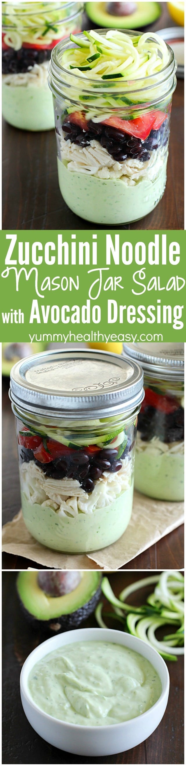 Avocado dressing (southwest style!) is nestled on the bottom of this delicious mason jar salad with zucchini noodles on the top and chicken, veggies and black beans tucked in the middle. A delicious and healthy low-carb, low-sugar lunch prepared ahead of time and eaten on-the-go! Plus a HUGE Blendtec Giveaway you won't want to miss!! AD